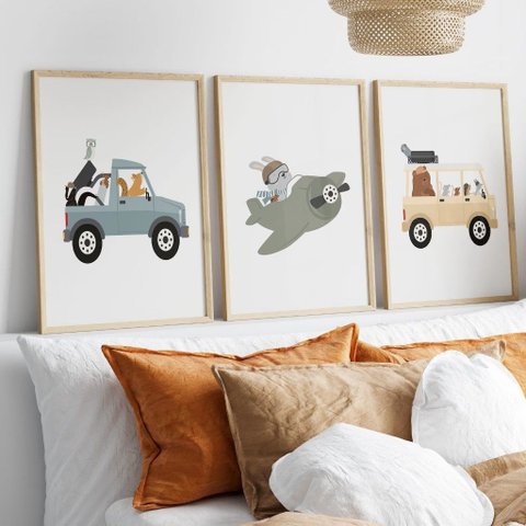 Kit 3 Quadros Decorativos Infantil | Safari - Meios de Transportes NO2 - 40x60 - Moldura Madeira