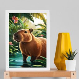 Quadro Decorativo Capivara Tropical 24x18cm - com Vidro:moldura Preta - 2 Quadro Decorativo Capivara Tropical 24x18cm - com Vidro:moldura Preta - 2