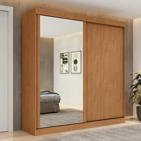 Guarda-roupa 2 Portas de Correr 2 Gavetas Easy Light com Espelho Amendoa Clean/off White/amendoa
