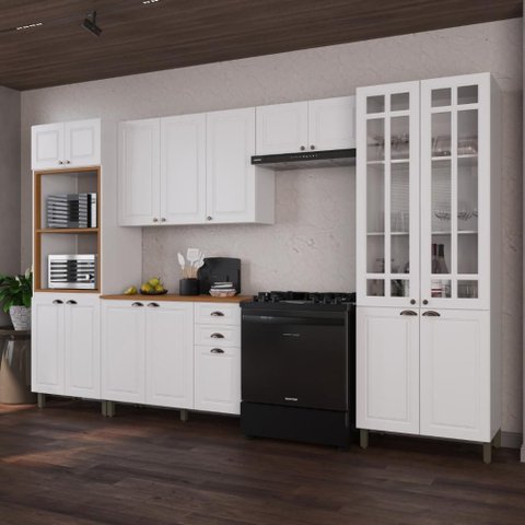 Armário de Cozinha Modulada Completa Fidelitá Nara 100% MDF 5 Peças 350cm 16 Portas 2 Gavetas com