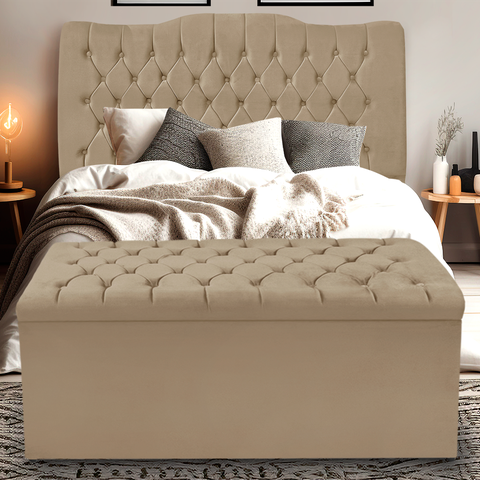 Kit Cabeceira e Calçadeira Baú Dunas Queen 160 Cm - Veludo Bege Escuro