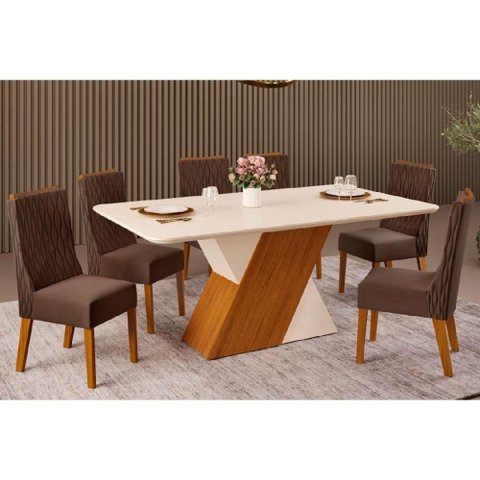 Conjunto: Mesa Sala Jantar Rubi C/ Tampo Madeirado C/ Vidro 170x90cm e 6 Cadeiras Jade Freijo/off