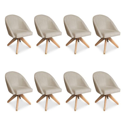 Kit 8 Poltronas Cadeira Giratória Bela Suede Base Madeira Bege Pallazio