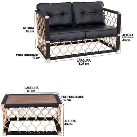 2 Poltronas, 1 Namoradeira E Mesa Centro Madeira