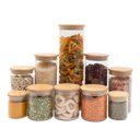 Ver imagem 1 de Kit com 10 Potes de Vidro Tampa de Bambu Hermético Redondo Mantimento - Oikos
