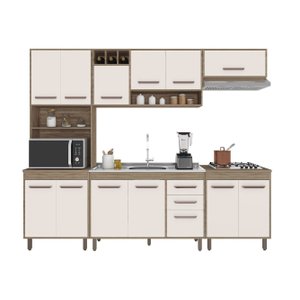 Jogo de Cozinha Completa Barcelona com Balcão P/pia e Cooktop - Carvalho Oak/off White Poliman