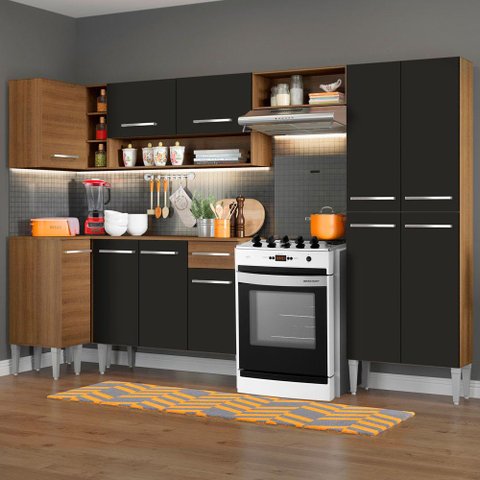 Armário de Cozinha Completa de Canto 353cm Rustic/Preto Emilly Sun Madesa 01