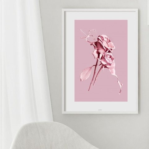 Quadro Flores Rosas de Tinta - 60x48cm:madeira Branca