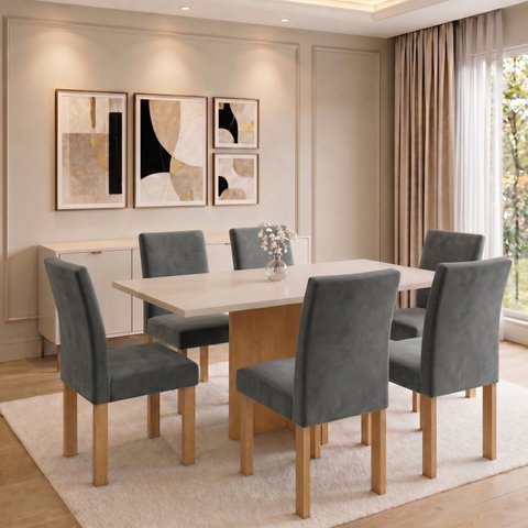 Conjunto Sala de Jantar 6 Lugares Mesa Carol e Cadeiras Espanha Cinamomo Off White Grafite
