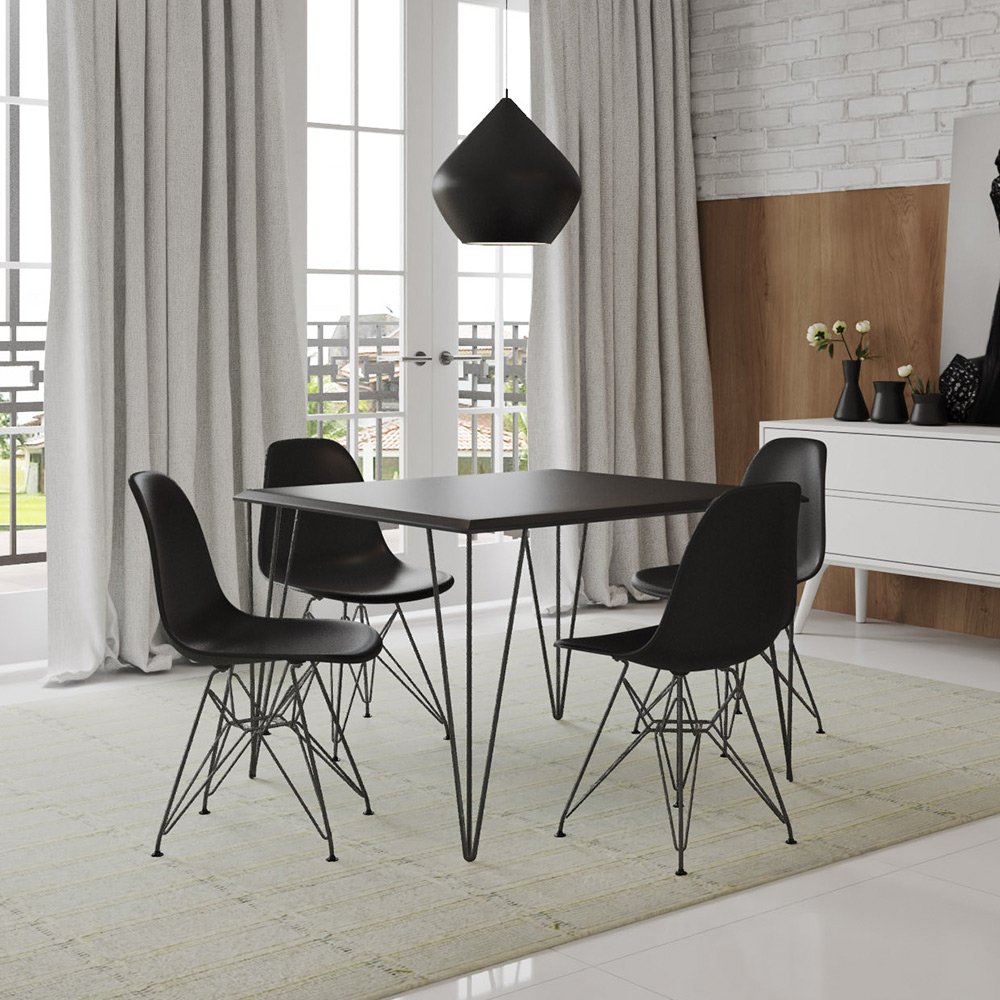 Mesa Sala de Jantar Industrial Clips Quadrada Preta 90 com 4 Cadeiras Eiffel Pretas Ferro Preto