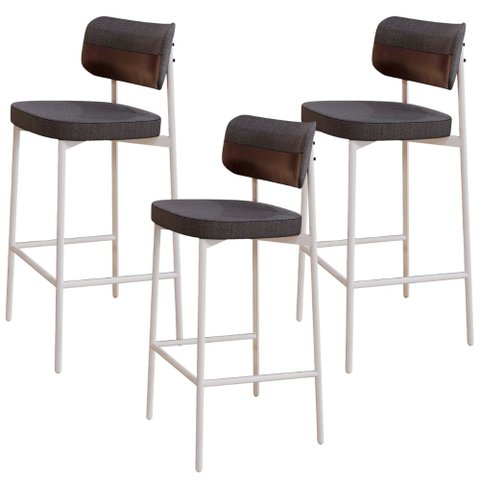 Kit 03 Banquetas Alta Bar Cozinha Sala de Jantar Aço Branco Kaira C01 Linho Preto Courino Café - Lya