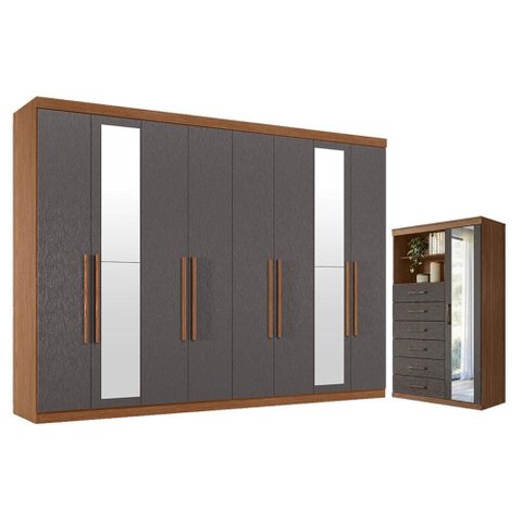 Guarda Roupa Casal 8 Portas 4 Gavetas Master New com Espelho e Cômoda Marabá com Espelho Jatobá