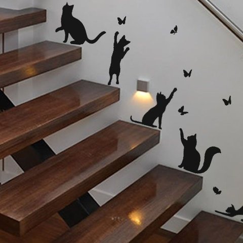 Adesivo Gato e Borboleta Escada Degraus Decoração Pet:preto