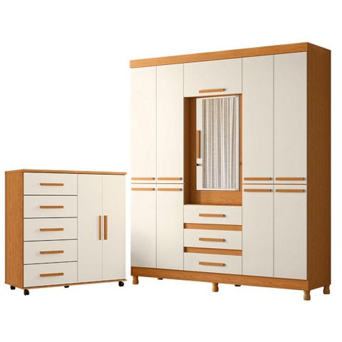 Guarda Roupa Casal New Fusion 10 Portas e Cômoda Toronto Cinamomo Off White - Móveis Albatroz