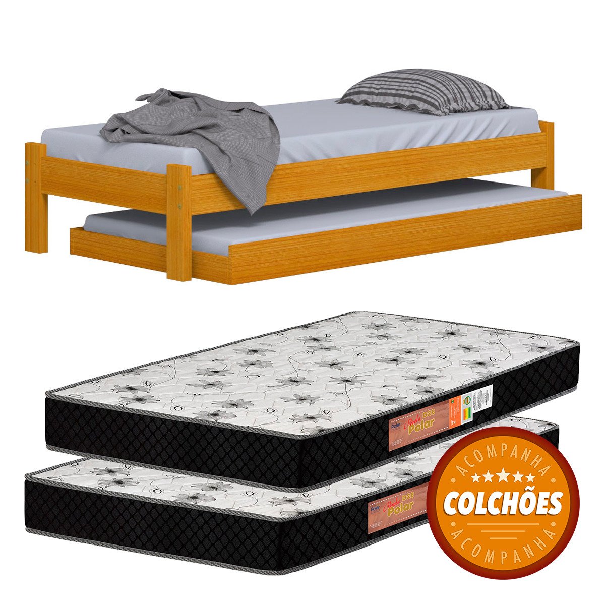 Cama Solteiro Turca com Auxiliar e 2 Colchoes cor Cerejeira Menor preço em Cama Solteiro Turca com Auxiliar e 2 Colchoes cor Cerejeira