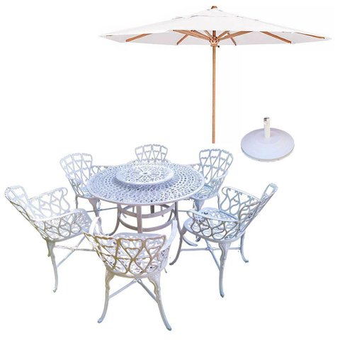 Conjunto de Jardim Viena Mesa 1,25m Giratória 6 Cadeiras e Guarda Sol Branco