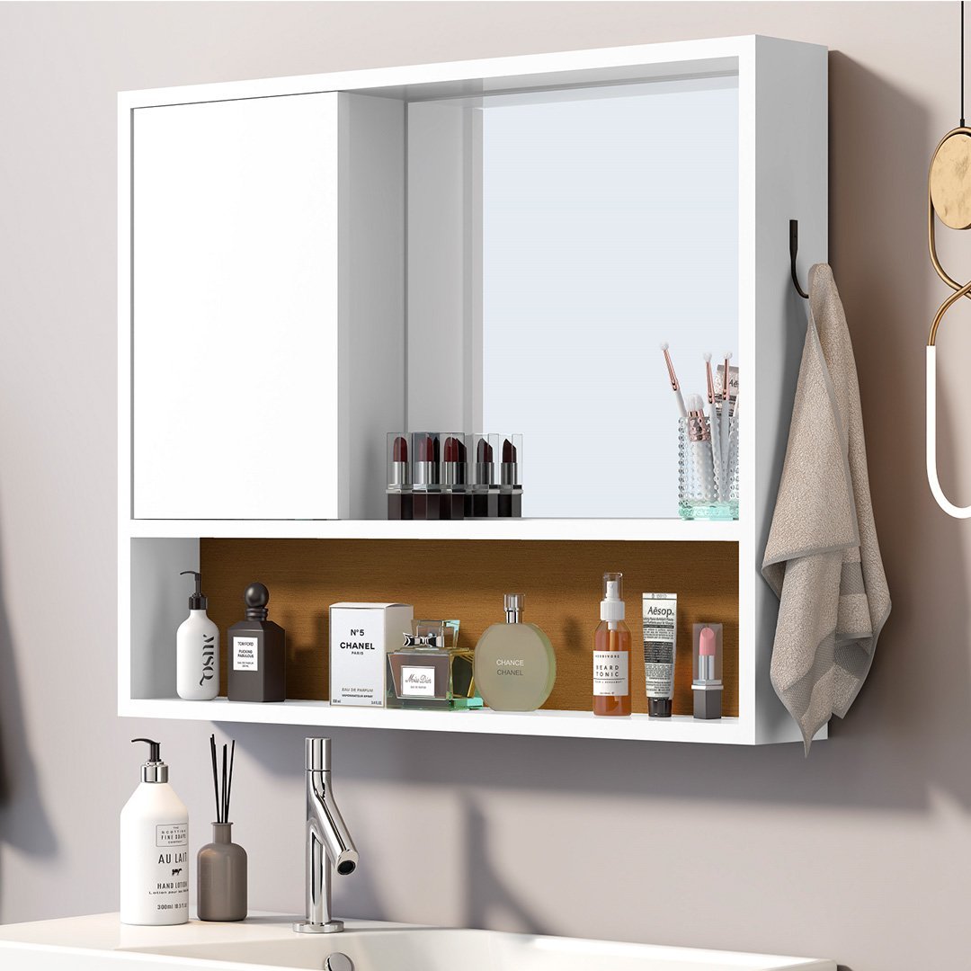 Espelheira Armário Aéreo Branco Nature para Banheiro com Espelho, Porta ...