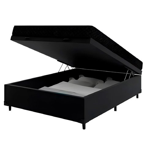 Cama Box Baú Casal 138 Tecido Sintético Preto com Colchão Extra Firme Espuma Semi Ortopédica D28 Pre