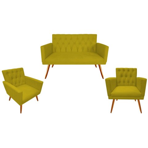 Kit Namoradeira + 2 Poltronas Decorativa Nina Capitonê Couro Amarelo Pés Madeira Ms Decor