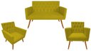 Ver imagem 1 de Kit Namoradeira + 2 Poltronas Decorativa Nina Capitonê Couro Amarelo Pés Madeira Ms Decor