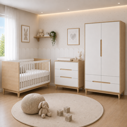 Quarto de Bebê Completo Berço Americano Cômoda e Guarda Roupa Infantil 2 Portas Quater Linha Tomi