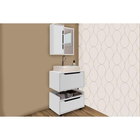 Armário C/ Balcão Banheiro Suspenso Bn3646 e C/ Rodízios Bn3647 60cm e Espelho Bn3648 60cm Branco