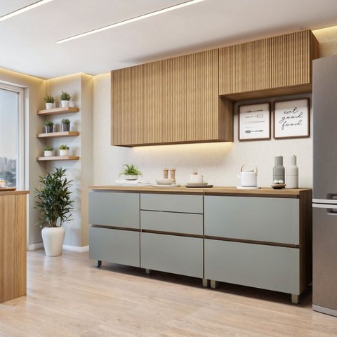 Cozinha Completa Modulada 4 Peças 6 Portas 4 Gavetas Norten Marrom/Verde/Nature