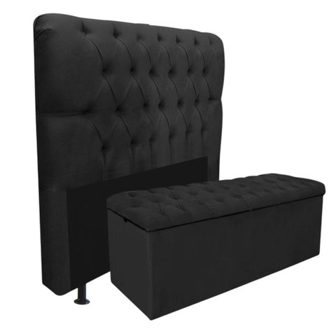 Kit Cabeceira + Calçadeira Baú Capitonê Livia 195cm King Size para Cama Box Corino Preto - Gat Magaz