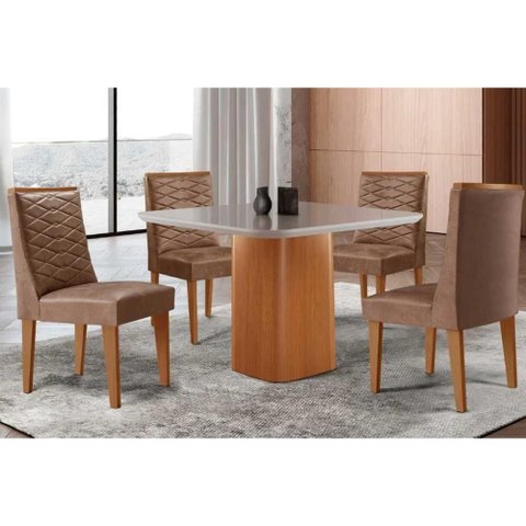 Conjunto Mesa Maldivas C/ Tampo Madeirado C/ Vidro Canto Curvo 90x90cm e 4 Cadeiras Maldivas