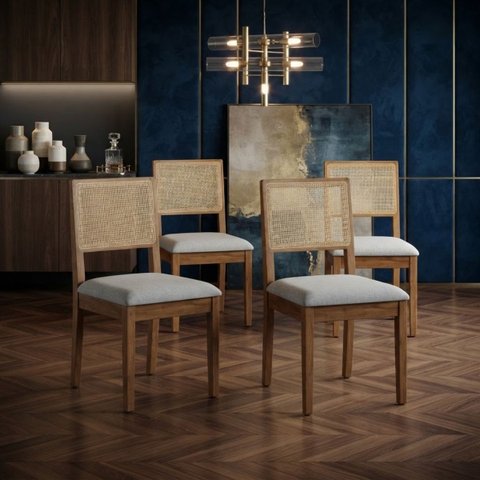 Kit 4 Cadeiras Estilo Contemporâneo Jabuti Madeira Maciça Encosto em Tela e Assento em Linho- Cinza
