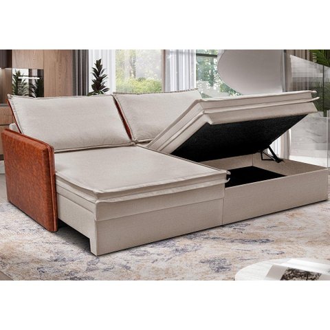 Sofá sem Caixa Retrátil Baú 1,95m Cama Inbox Grace Tecido Linho e Courino Bege Claro