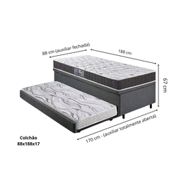 Bicama Box Baú Solteiro Linho Cinza 88x188 com Colchão Pantanal Espuma D28 Anjos - 2