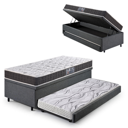 Bicama Box Baú Solteiro Linho Cinza 88x188 com Colchão Pantanal Espuma D28 Anjos - 1