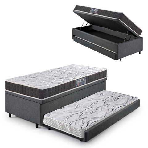 Bicama Box Baú Solteiro Linho Cinza 88x188 com Colchão Pantanal Espuma D28 Anjos