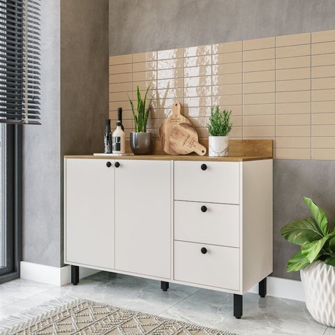 Balcão com Tampo 2 Portas 3 Gavetas 120cm Off White Branco Yescasa