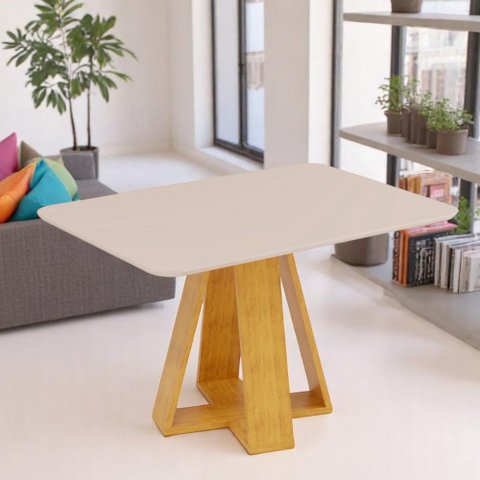 Mesa de Jantar Tampo Retangular Chanfrado Curvo Mad/vid 120 X 90cm Kiara Cedro Off White- Mabe Magaz