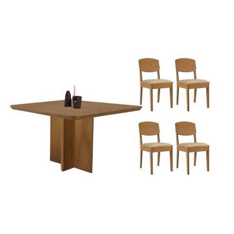 Sala de Jantar Completa Berlim C/ Tampo Madeirado Canto Curvo 90x90cm e 4 Cadeiras Havana Naturale