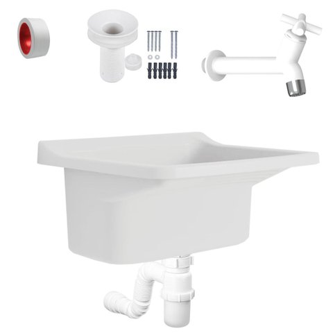 Tanque Plástico 40l para Lavanderia Branco + Sifão Copo Universal Sanfonado + Veda Rosca + Torneira