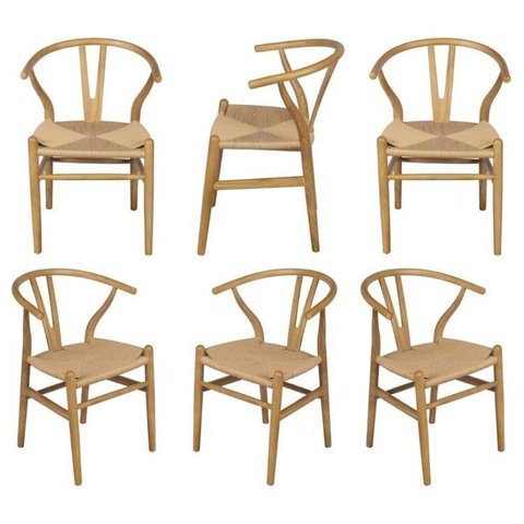 Kit 6 Cadeiras de Jantar Wishbone em Madeira com Assento Rattan Bege