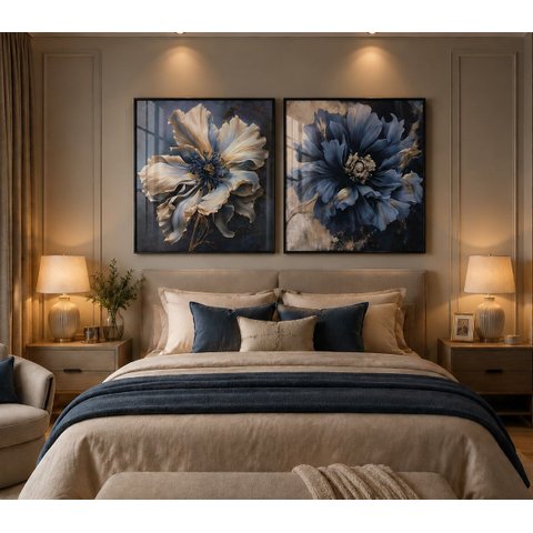 Duo de Quadros Natureza Flores Azuis 70x60cm Moldura Preta Vidro