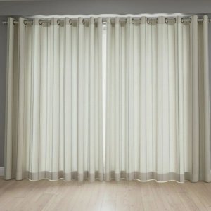 Cortina Linho Flamê Bege Listrado Marrom 5,00x2,50 com Ilhós Preto