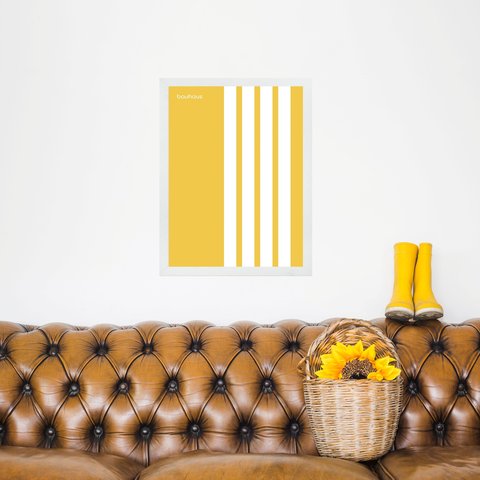 Quadro Bauhaus Amarelo e Branco - Linhas Paralelas 24x18cm:moldura Preta