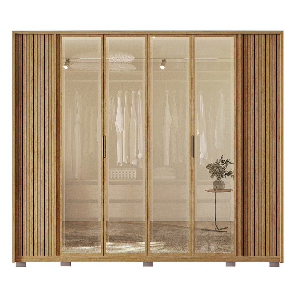 Guarda Roupa Roupeiro Casal 265cm 6 Portas 6 Gavetas Ripado Vidro Reflecta Dourado MDF Derry Buriti  - 7