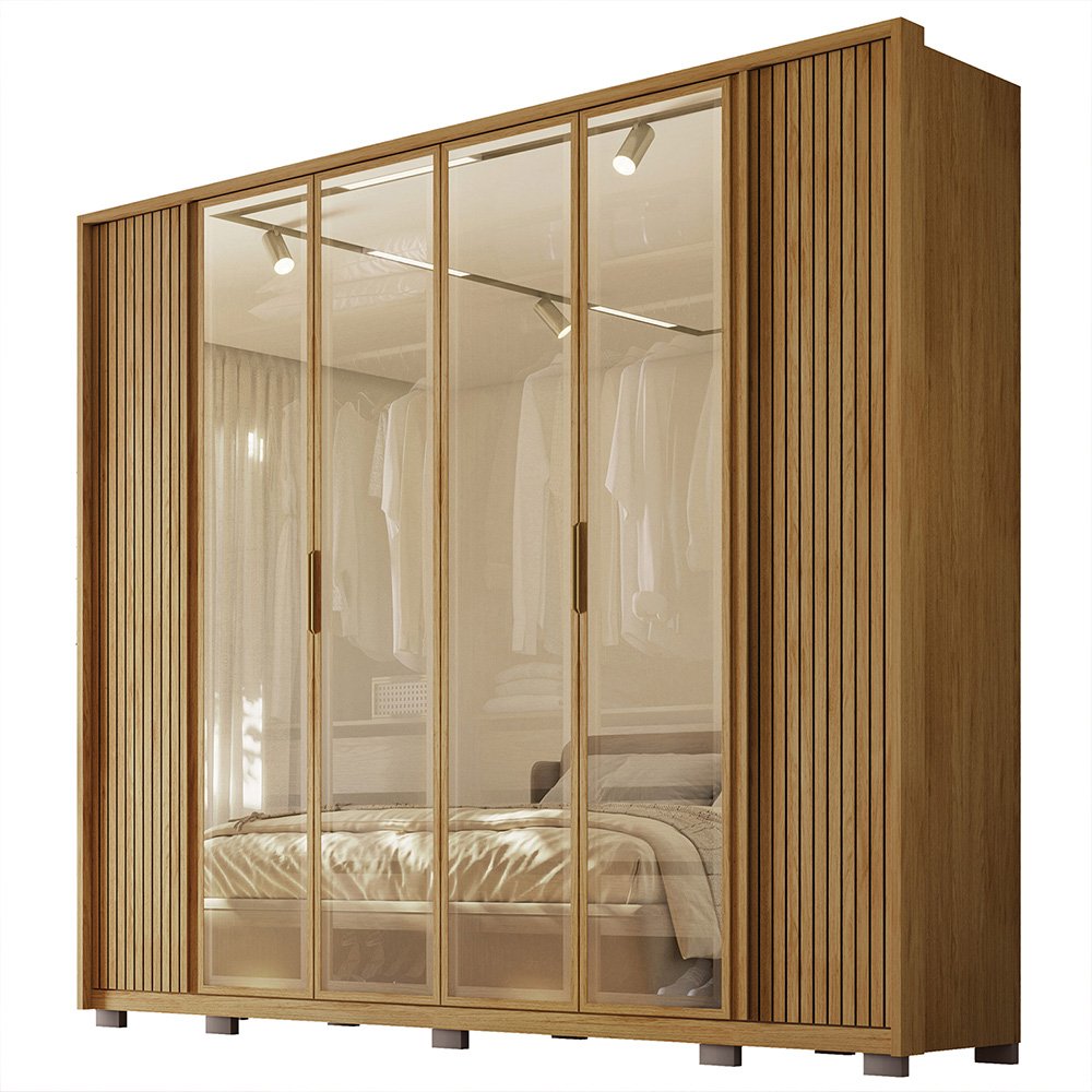 Guarda Roupa Roupeiro Casal 265cm 6 Portas 6 Gavetas Ripado Vidro Reflecta Dourado MDF Derry Buriti  - 1