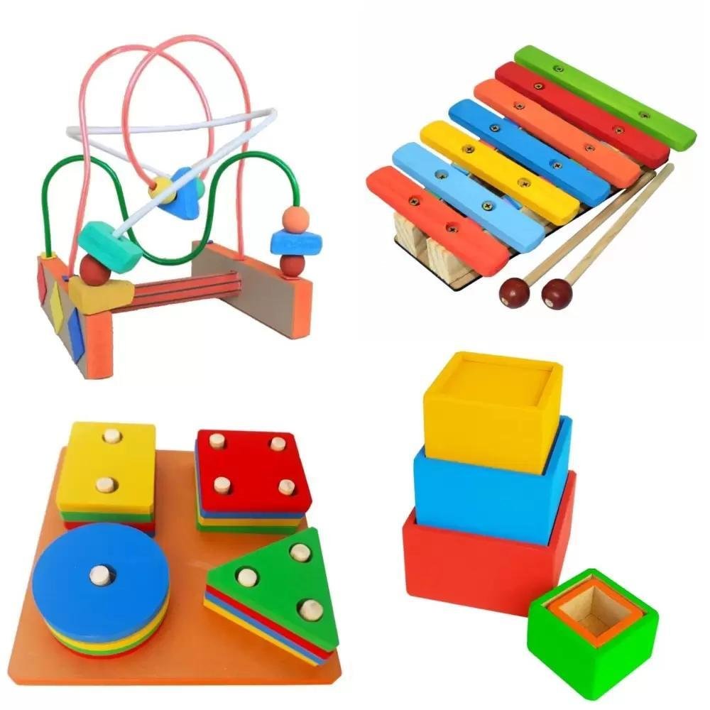 Kit com 4 Brinquedos Educativos de Madeira Primeira Infância - 1