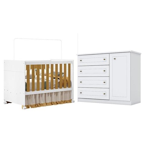 Berço Americano Katatau Branco Acetinado Savana – Reller e Cômoda Infantil Americano Branco Hp - Hen
