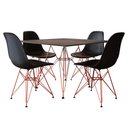 Ver imagem 1 de Mesa Jantar Quadrada Com 4 Cadeiras Pretas Eames Eiffel Base De Ferro Cobre Tampo Amêndoa 90cm