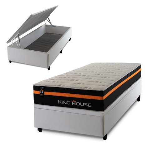 Conjunto Box Baú Solteiro Sirius Branco 88x188x72 c/ Molas Ensacadas