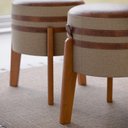 Ver imagem 3 de Kit 2 Puff Puf Couro e Linho Pés em Madeira -pix- 45x32 Bege