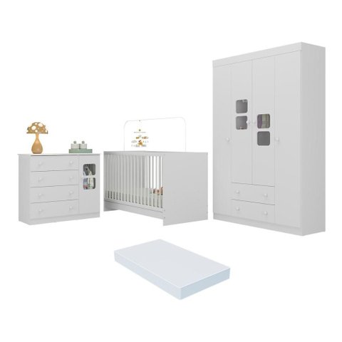 Quarto de Bebê Completo com Berço 3 em 1 com Colchão Incluso Brisa Multimóveis Mp4533 Branco